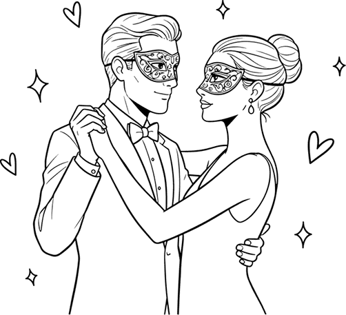 זוג רוקד עם מסכות מסיבה